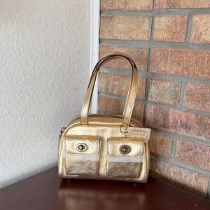 Coach Gold Metallic Leather Twin Turnlock Mini Bag with Tags